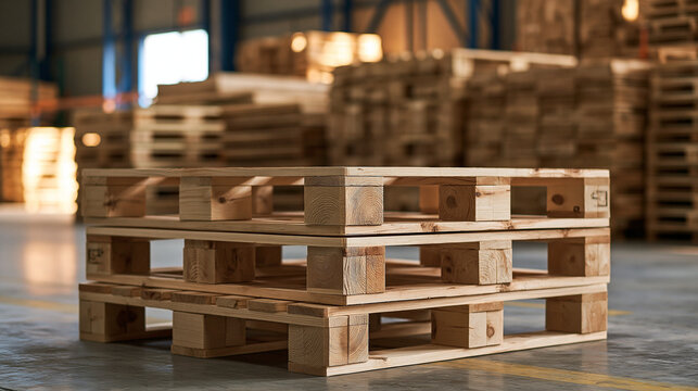 Stack of new wooden shipping pallets in a spacious warehouse. Ideal for logistics, supply chain management, and industrial business marketing materials.