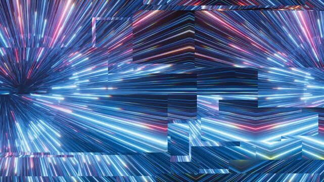 Looped glitch-style starburst with a rotating center and fragmented neon streaks. High-tech motion background for digital disruption, speed, and sci-fi visuals.