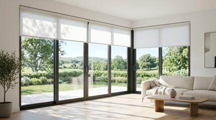Fototapeta premium Modern Living Room with Large Windows and Scenic View of Green Landscape Under Bright Daylight