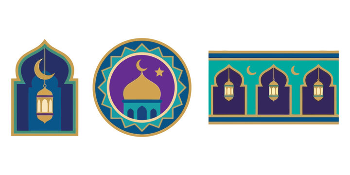 Islamic Ramadan symbols with mosque and lanterns vector set