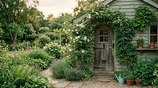 Weathered green garden shed framed by climbing roses beside a lush stone path