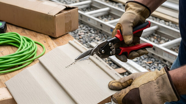 Professional Tradesperson Trimming Vinyl Siding Panel with Aviation Snips | Construction Worker Cutting Vinyl House Siding Sump Profile with Shears | Close-Up of Hand Cutting Vinyl Cladding Panel