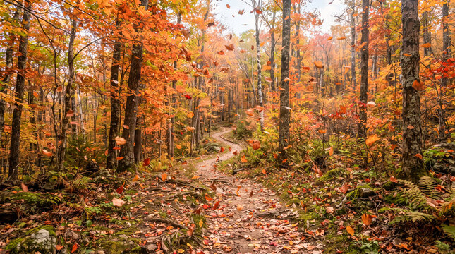 Sendero boscoso en oto&ntilde;o con hojas doradas cayendo al viento, bordeado por &aacute;rboles coloridos y un arroyo de monta&ntilde;a.