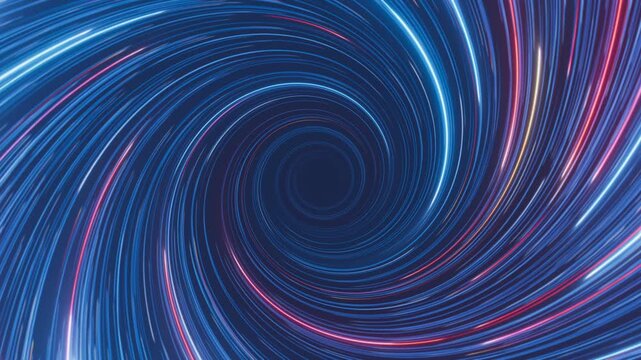 Looped spiral light tunnel with a rotating core and flowing neon streaks. Futuristic abstract video for speed, motion, and digital space concepts.