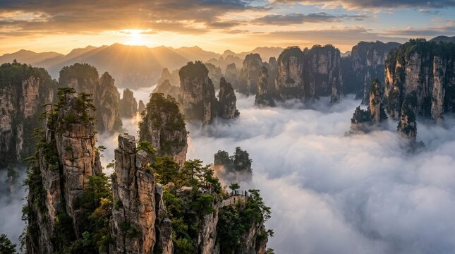 Majestic sandstone pillars of Zhangjiajie rising above thick rolling clouds during a vibrant golden sunset