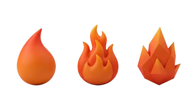Set of three stylized flame icons in orange and red with transparent background for creative design use