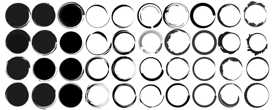 Large Collection Set of Black Ink Brush Circle Frames and Banners Vector Illustration Isolated on White Background for Design