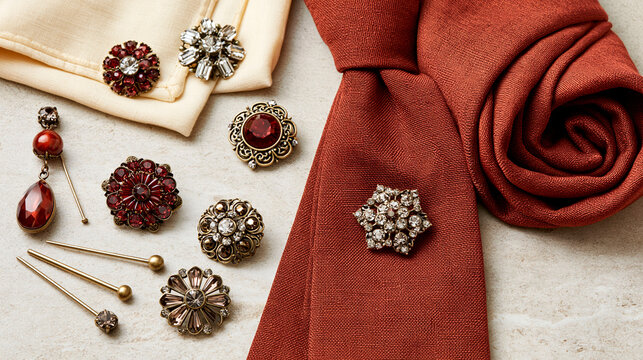 Vintage brooches with red and clear gemstones arranged beside elegant rust and cream fabric in a stylish jewelry composition