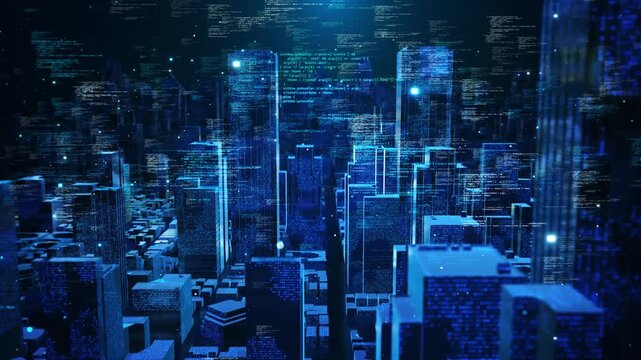 Blue cyber city filled source code, luminous towers digital particles. programming, enterprise computing, AI systems, cloud services, software platforms, automation future urban 19.