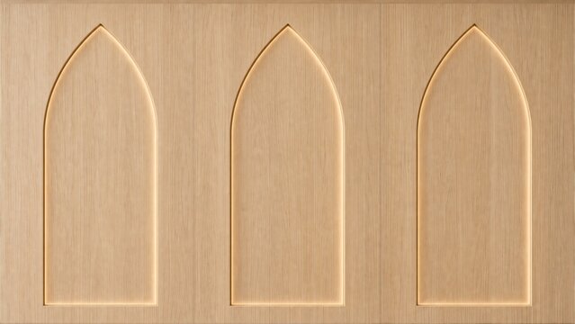 Three arch light wood wall paneling, 3D wallpaper sticker or wall sticker with pointed arches