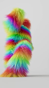 Vertical video of a rainbow colored hairy mascot dancing happily. Looped 3D animation, perfect for social media stories. Festive queer concept.