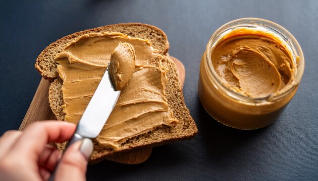 hand spreading creamy peanut butter on a slice of whole wheat bread