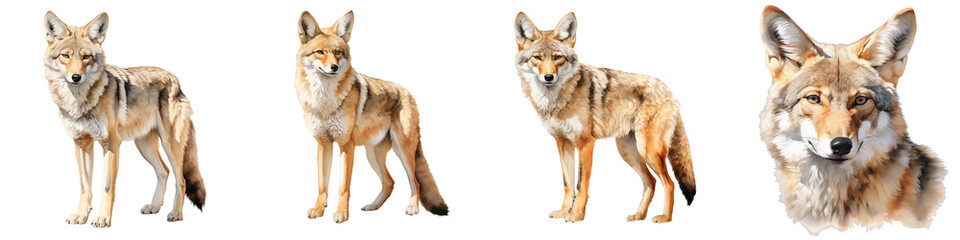 Obraz premium Set of isolated coyote illustrations in standing poses on a black background for design elements