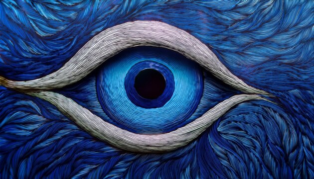 intricate blue fiber art eye design with detail handcrafted texture
