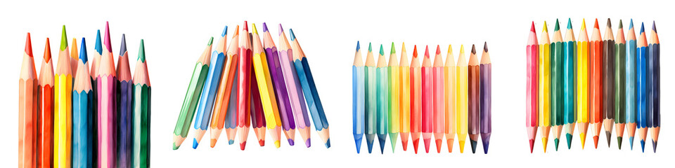 Fototapeta premium Collection of colorful pencils arranged in various patterns against black backdrop