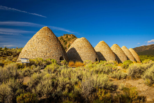 Row of historic stone Ward Charcoal Ovens in Nevada