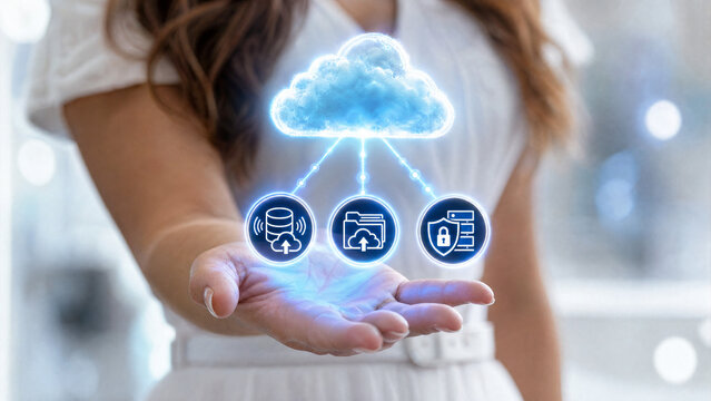 A hand holding a holographic cloud icon, symbolizing cloud computing and data storage