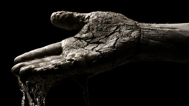 149. A conceptual metaphor for the paradox of control. A person trying to catch water with a hand made of dry, porous clay, the clay cracking as it absorbs the fluid and letting it slip away. 