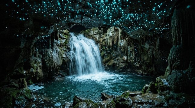 Glowing bioluminescent worms illuminate a dark subterranean cave featuring a stunning flowing waterfall and rocky walls
