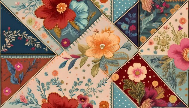 seamless vintage patchwork quilt pattern with floral fabric swatches