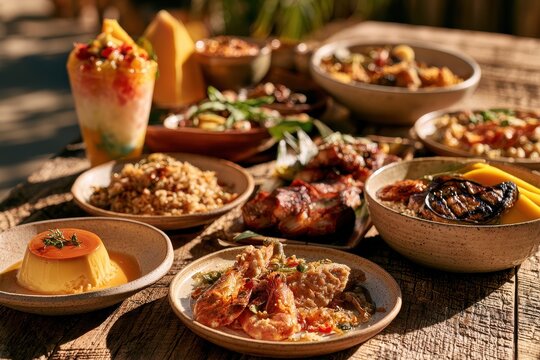 Colorful Filipino feast: halo-halo dessert with a spread of traditional dishes on a rustic wooden table