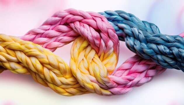 abstract celtic knot with braided ropes in pink blue yellow and white