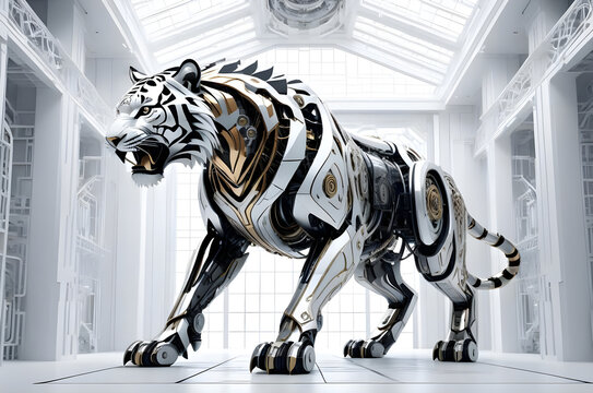 Modelo 3D de una gigantesca entidad mec&aacute;nica con forma de tigre de pie en un laboratorio.