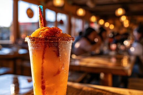 Colorful mango mangonada cup with chamoy drizzle in a casual dining setting