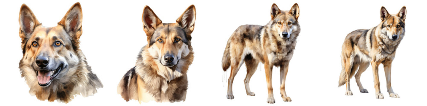 Watercolor illustration featuring a tan wolf and german shepherd hybrid breed in various poses
