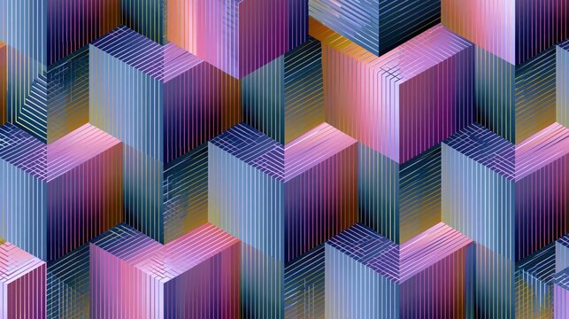 Abstract geometric blocks with iridescent gradient lighting in a repeating pattern for digital backgrounds
