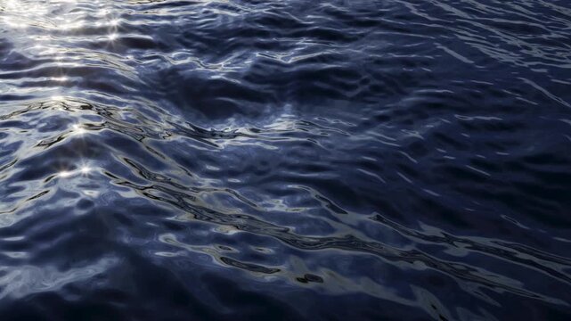 Dark blue ocean waves shimmer under soft caustic reflections. Seamless loop for moody marine scenes, promos, and design. 3d render motion.
