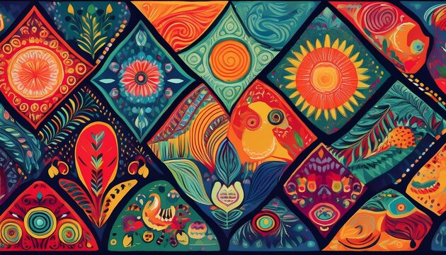 vibrant patchwork pattern with global folk art symbols and animals