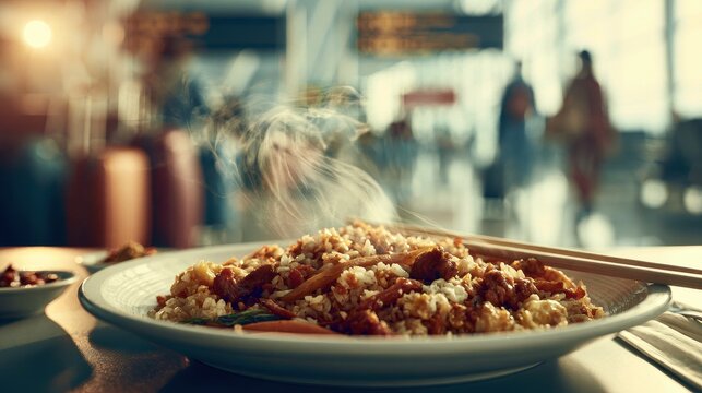 Comida r&Atilde;&iexcl;pida de fusi&Atilde;&sup3;n chifa: arroz chaufa en mesa junto a equipaje y se&Atilde;&plusmn;alizaci&Atilde;&sup3;n