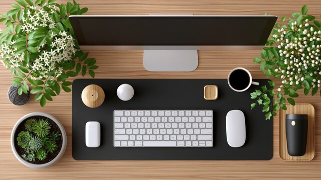 Modern home office desk setup with computer keyboard mouse coffee and plants against a wooden background