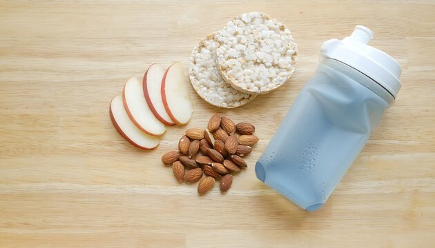 Healthy school snacks featuring apple slices almonds rice cakes and a reusable water bottle on a bright table