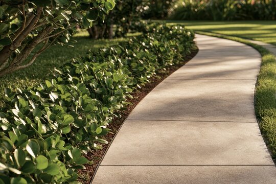 Contemporary outdoor area with a Clusia plant pathway and concrete surroundings