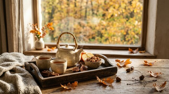 Cozy autumn tea set with ceramic teapot and cups on wooden tray by window.