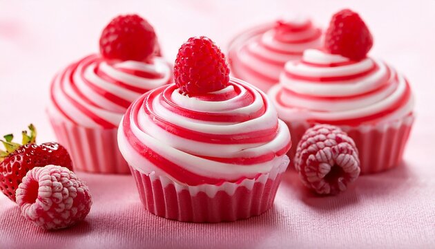a close up of pink frosted treats with red and white striped confections and a raspberry