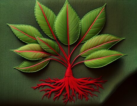textile art plant with rich green leaves and striking red roots on fabric