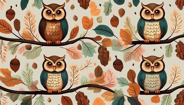 cute owls sitting on branches with acorns in a seamless pattern