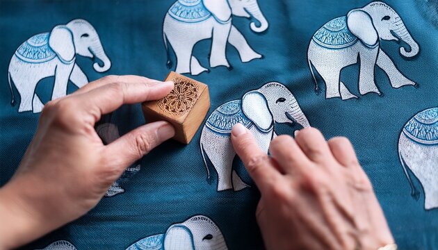 hands stamping blue elephant patterns on fabric with a wooden block