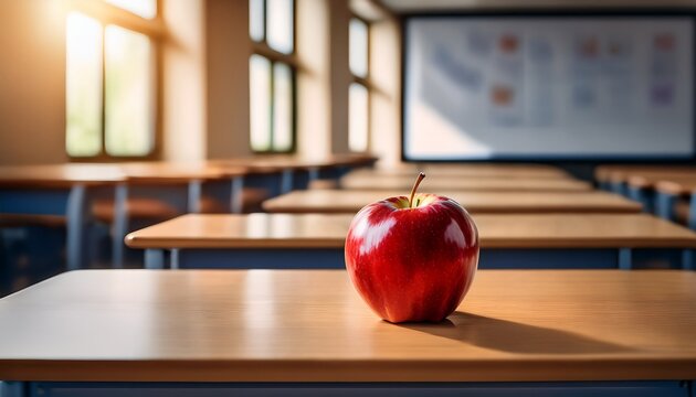 fresh red apple on a wooden desk inside a blurred classroom for education