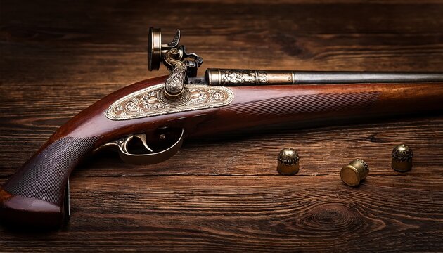 antique flintlock rifle on a wooden table