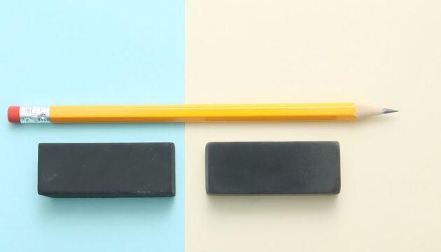 geometric composition featuring a yellow pencil and a black eraser dividing a split background