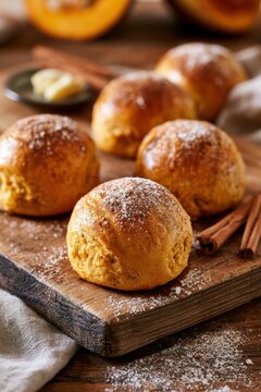 Cozy autumn bread rolls: pumpkin buns with butter on a wooden board