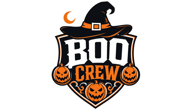 Boo crew halloween emblem featuring witch hat and jack o lantern pumpkins halloween lanterns illustration celebration typography lettering