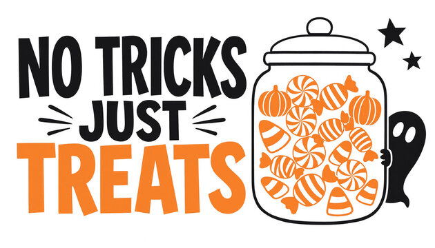 No tricks just treats halloween quote featuring candy jar and ghost halloween typography celebration background illustration greeting silhouette decoration