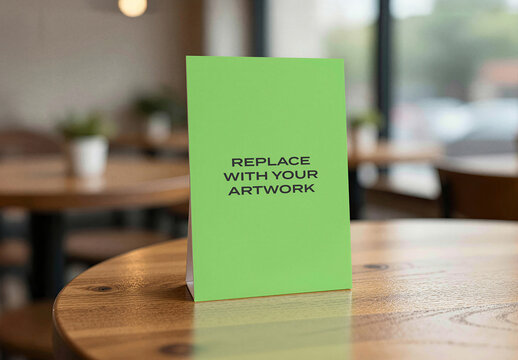 Vertical brochure mockup displayed on a wooden table in cafe interior with natural light from window, realistic print presentation for branding, advertising, editorial design