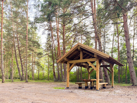 View of a wooden picnic shelter nestled among tall pine trees in a forest in Engure, Tukums Municipality, Latvia.