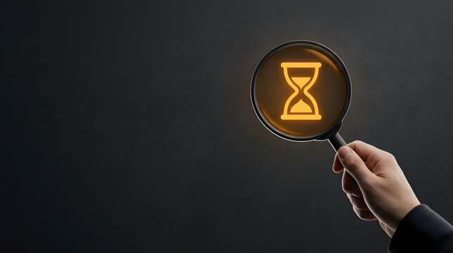 Time management and efficiency analysis | Searching for historical records and deadlines | Magnifying glass focusing on sand clock icon | Concept of tracking project timelines